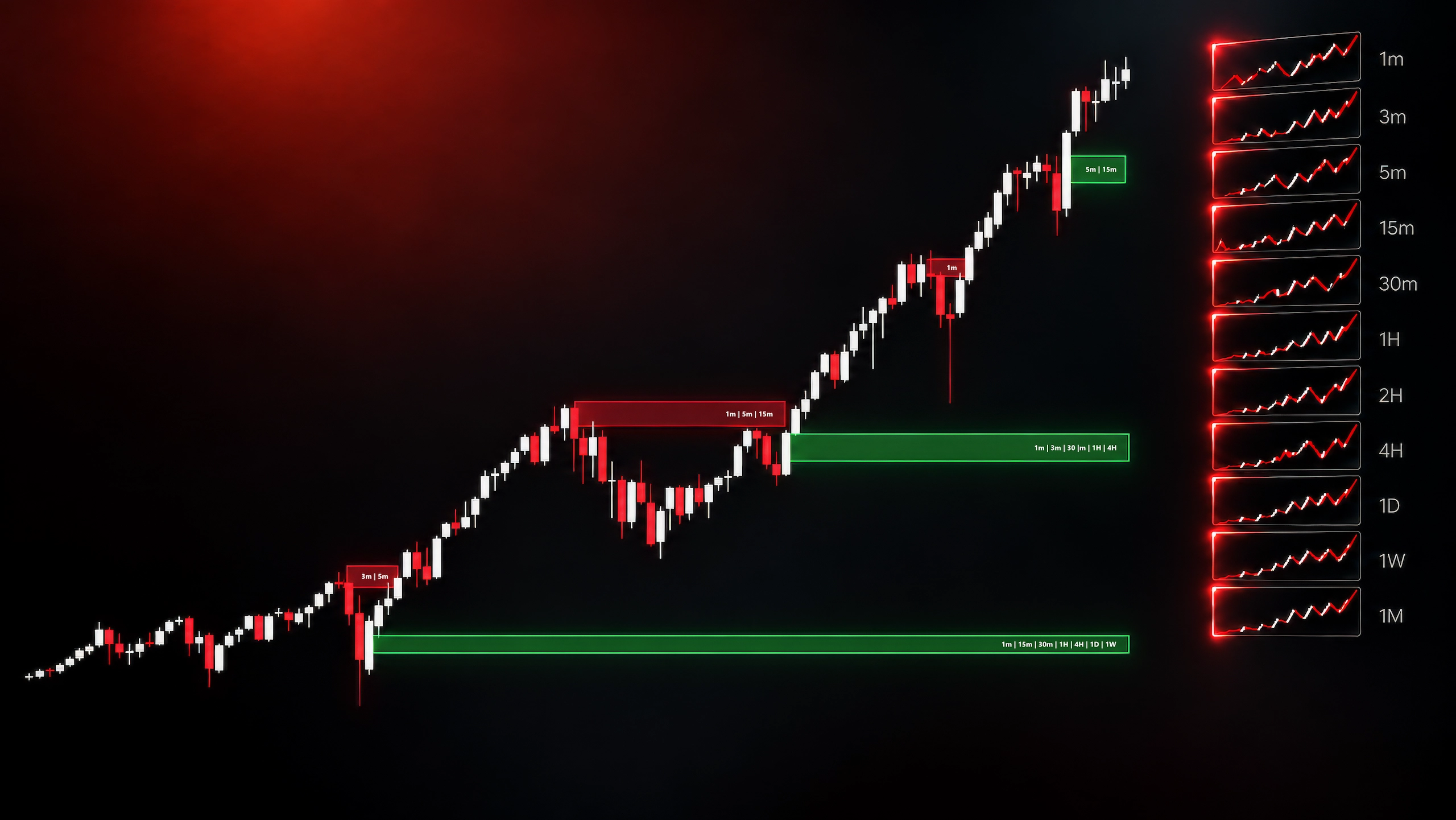 HT Pro Breaker Block Timeframes illustration with bullish candlesticks, red and green price zones, and multi-timeframe charts.
